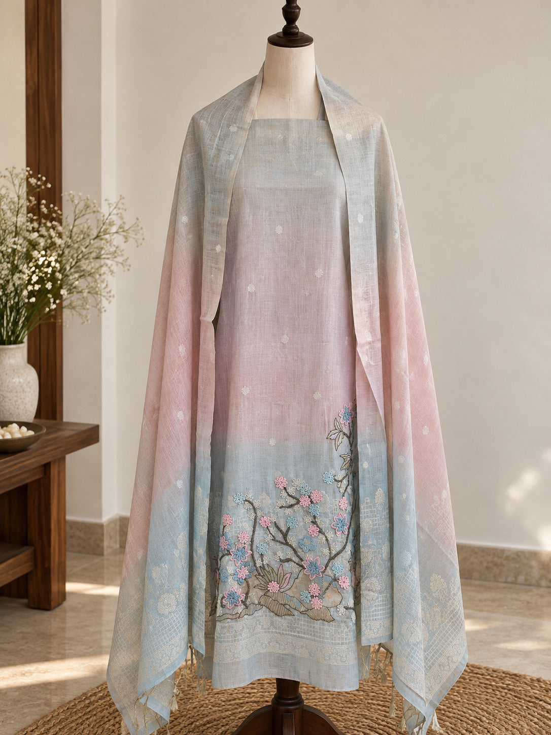 Mixed Pastels Pure Mul Chanderi Suit with Embroidery
