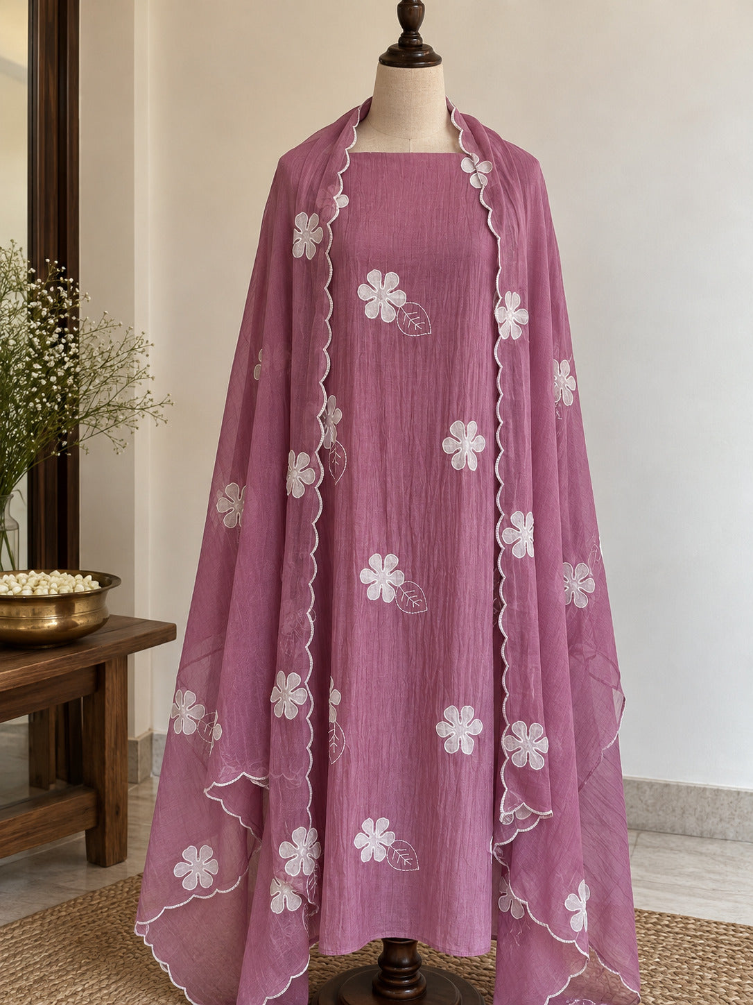Hot Pink Pure Mul Cotton Suit with Applique Work
