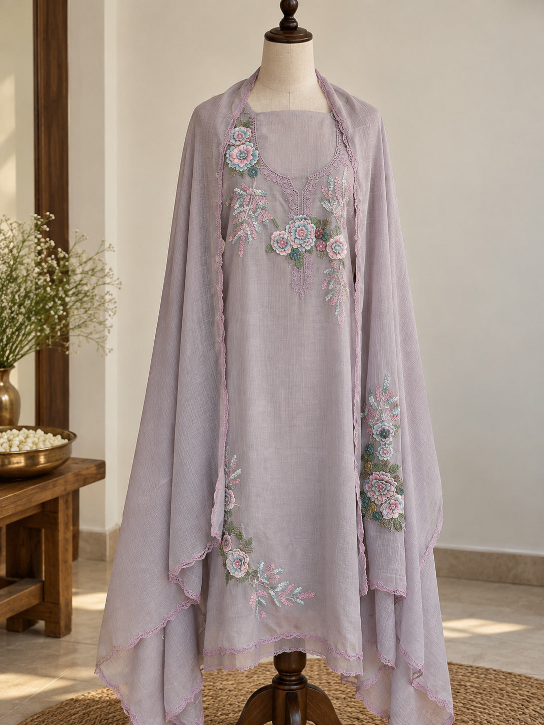 Lilac Pure Mul Cotton Suit with 3D Embroidery