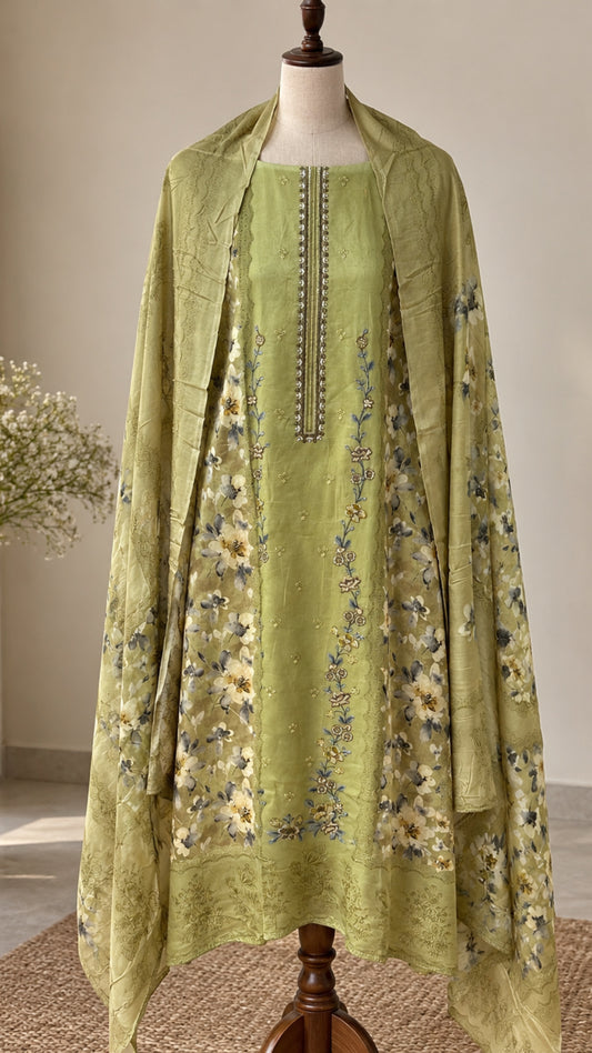 Pistachio Green Floral Cotton Suit with Thread Embroidery