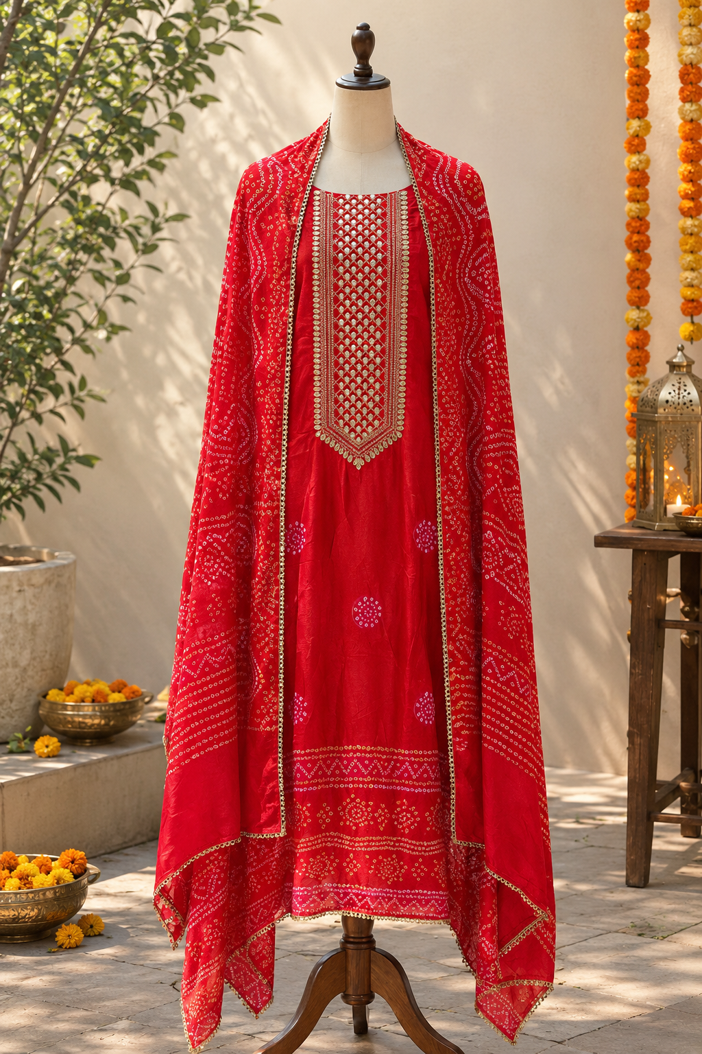 Bright Red Pure Crepe Gotawork Suit