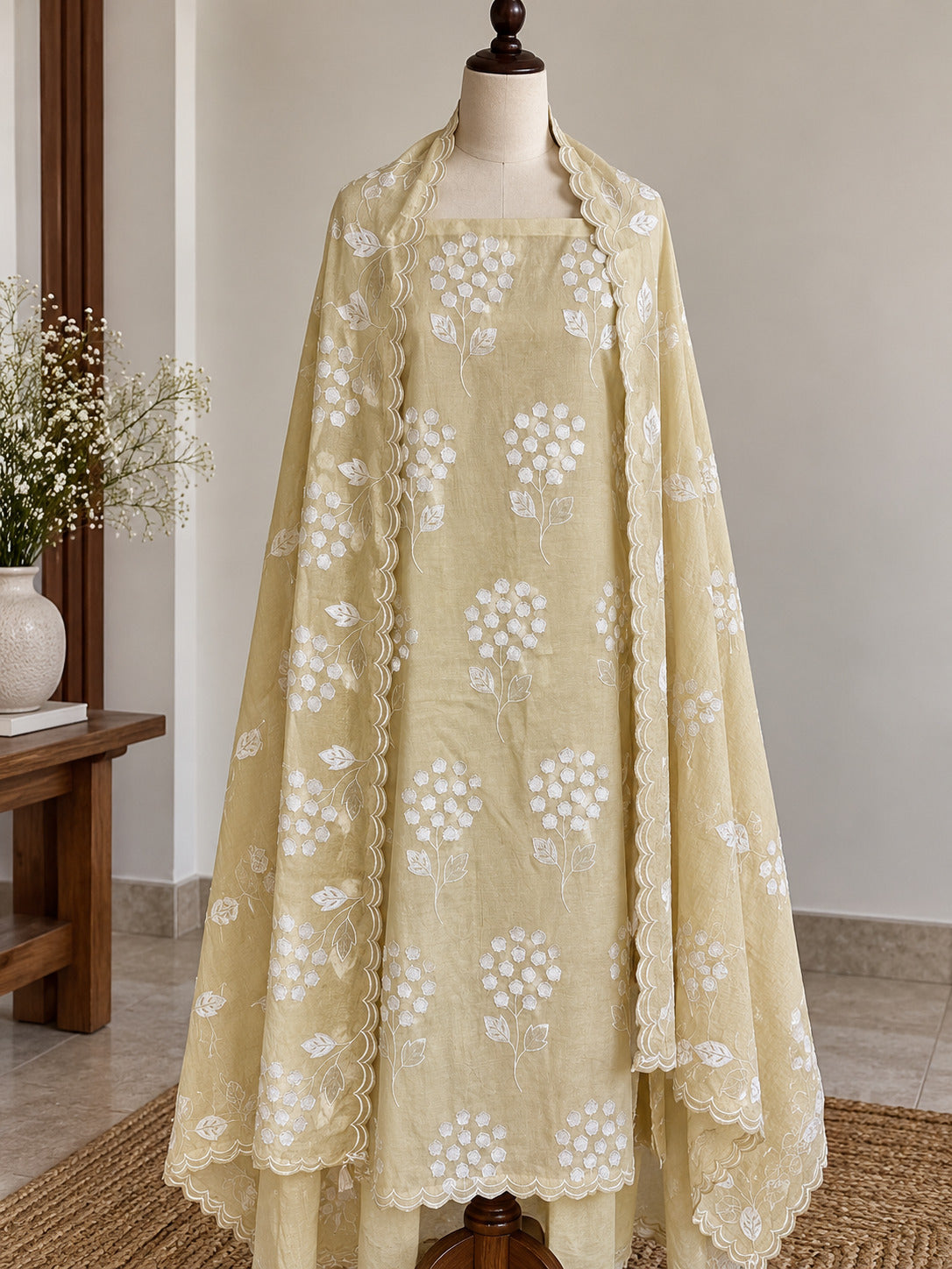 Tan Beige Pure Mul Cotton Suit with Applique Work