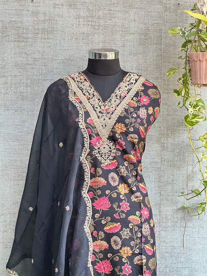 Black Muslin Floral Print with Zari Embroidery