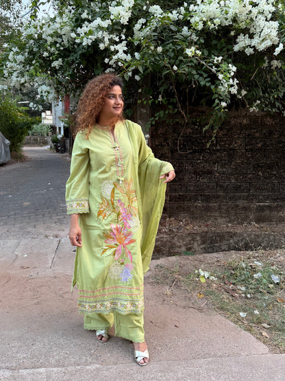 Green Cotton Embroidered Pakistani Suit Set