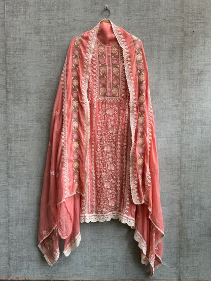 Deep Peach Pure Mul Cotton with Hand Embroidery