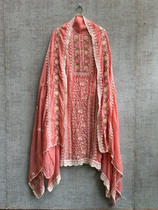 Deep Peach Pure Mul Cotton with Hand Embroidery
