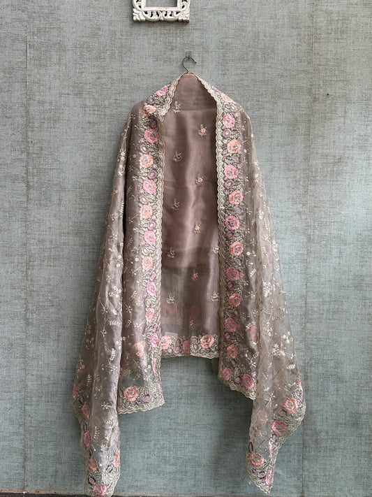Lilac Tissue Organza with Floral Hand Embroidery