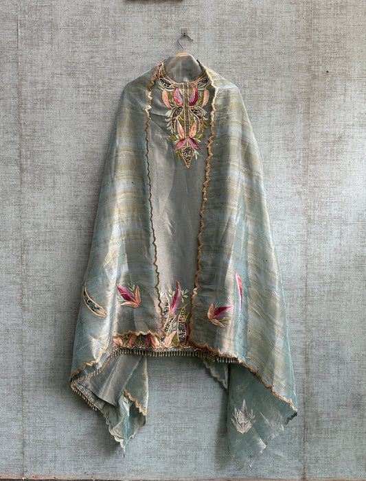 Pastel Turquoise Blue Shimmer Tissue with Hand Embroidery