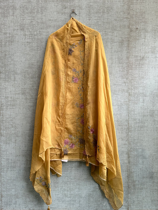 Mustard Yellow Organza with Thread Embroidery
