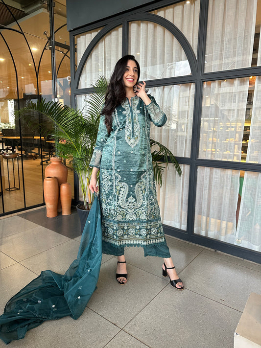 Peacock Green Shimmer Straight Cut Suit