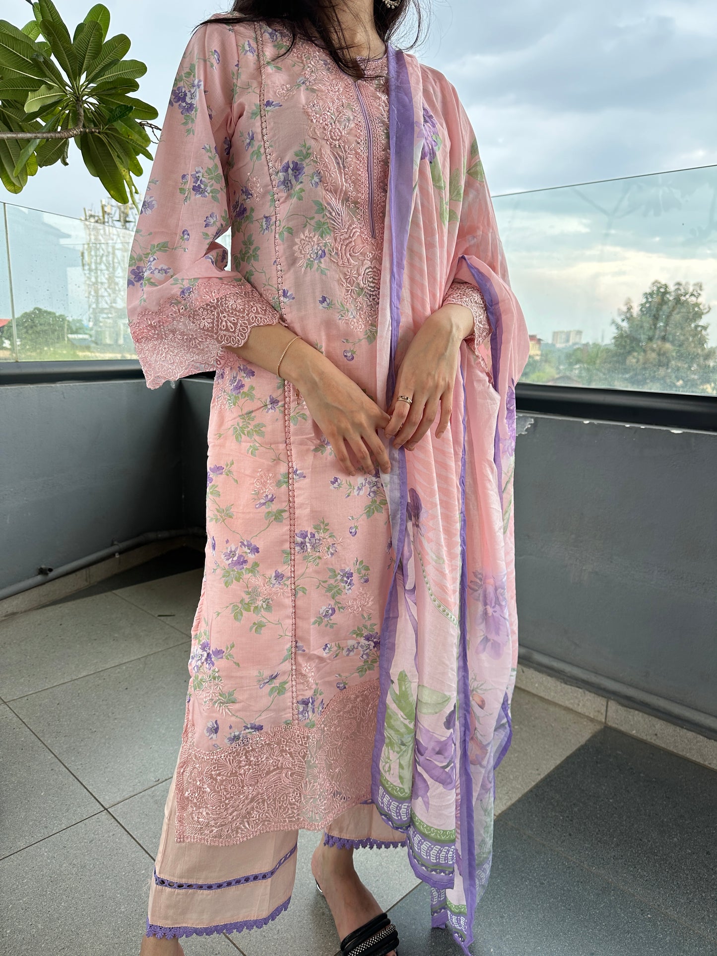 Baby Pink Floral Lawn Straight Cut Suit