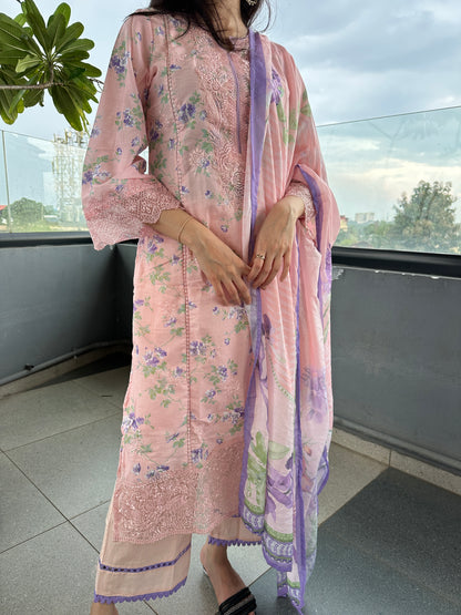 Baby Pink Floral Lawn Straight Cut Suit