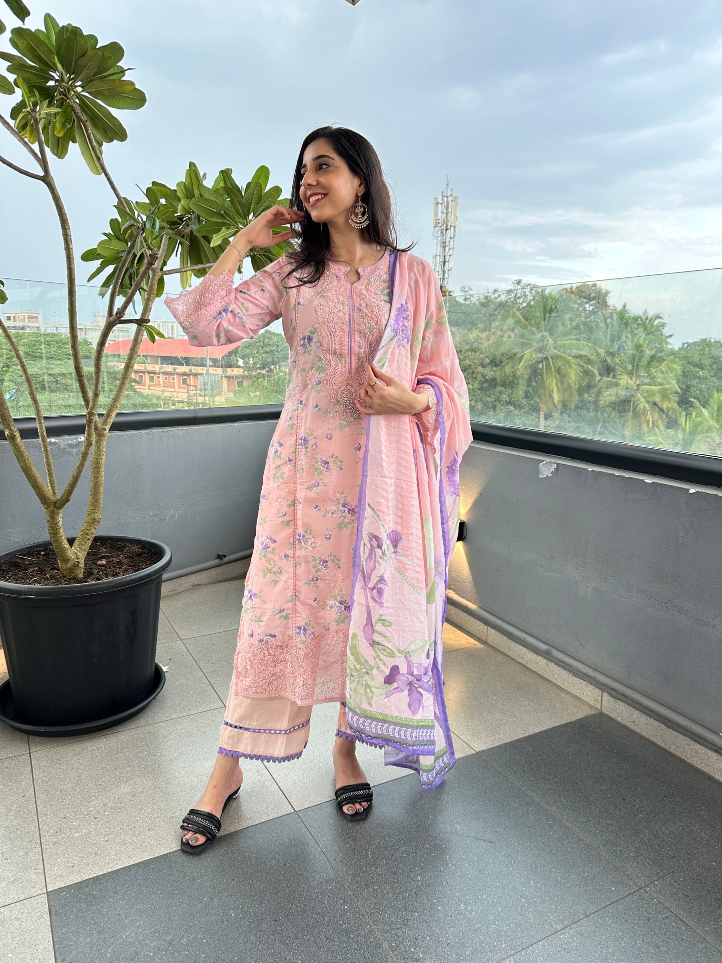 Baby Pink Floral Lawn Straight Cut Suit