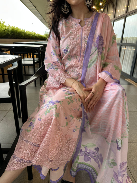 Baby Pink Floral Lawn Straight Cut Suit