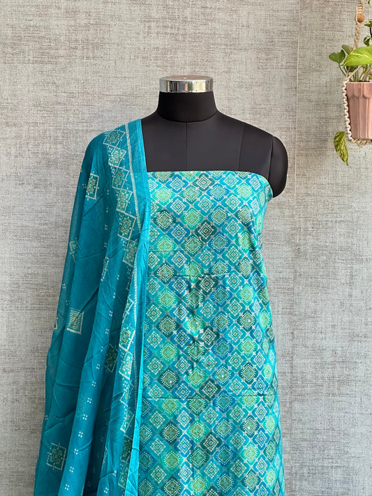 Dark Turquoise Blue Cotton with Bandhani Print