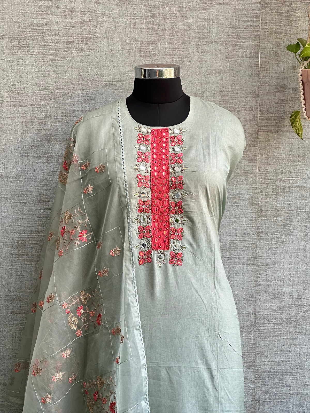 Light Mint Green Russian Silk with Mirror Work