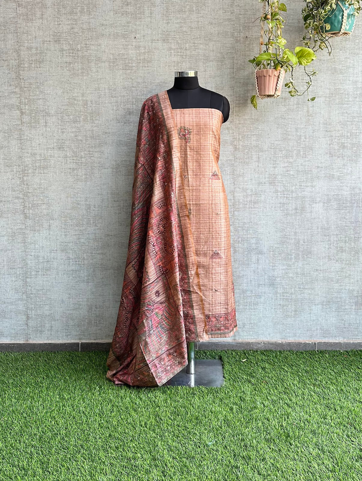 Tan Brown Tussar Silk with Digital Print