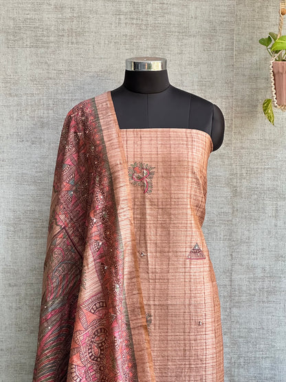 Tan Brown Tussar Silk with Digital Print