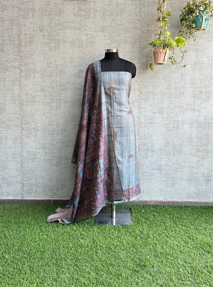 Pigeon Blue Tussar Silk with Digital Print