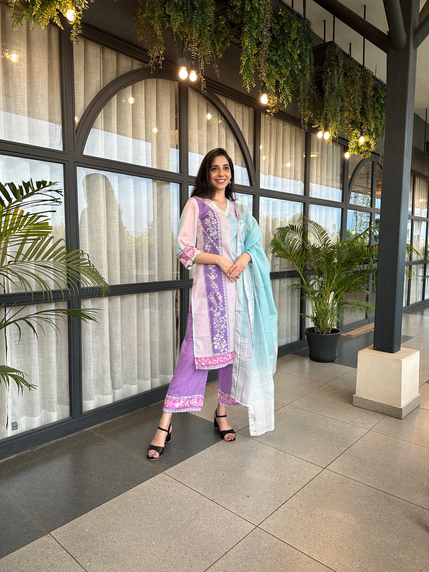 Pink Multicolor Cotton Printed Straight-Cut Suit