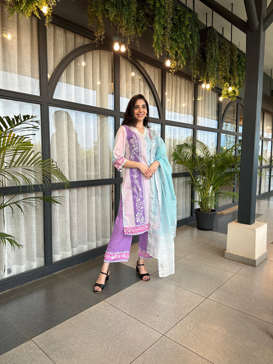 Pink Multicolor Cotton Printed Straight-Cut Suit