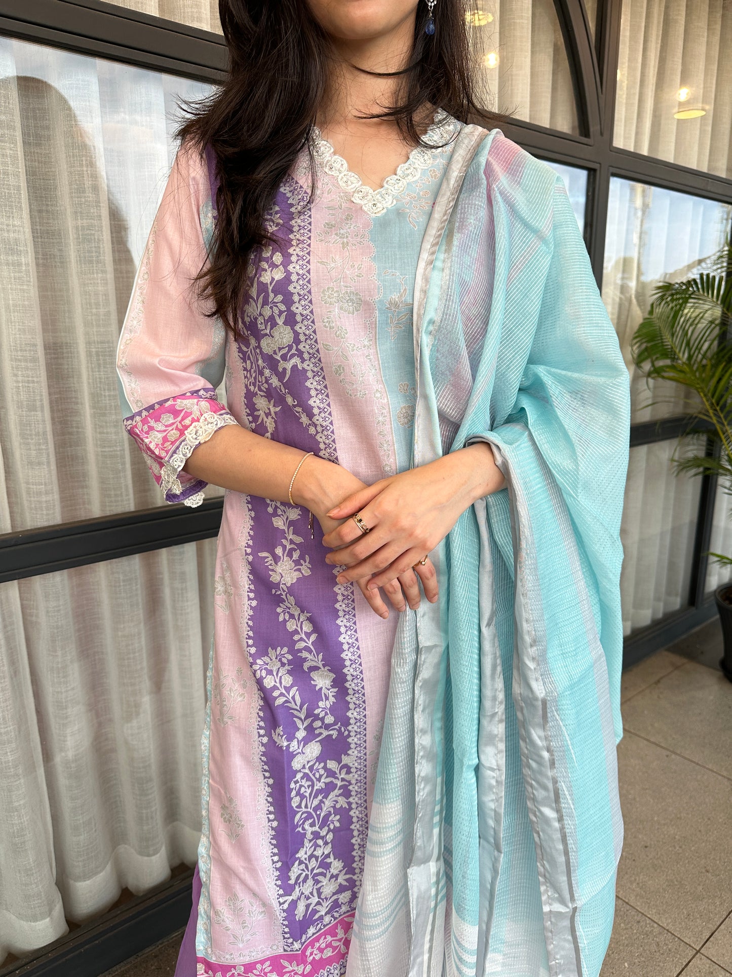 Pink Multicolor Cotton Printed Straight-Cut Suit