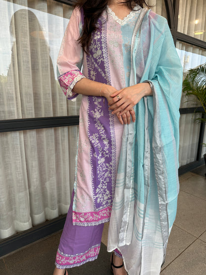 Pink Multicolor Cotton Printed Straight-Cut Suit