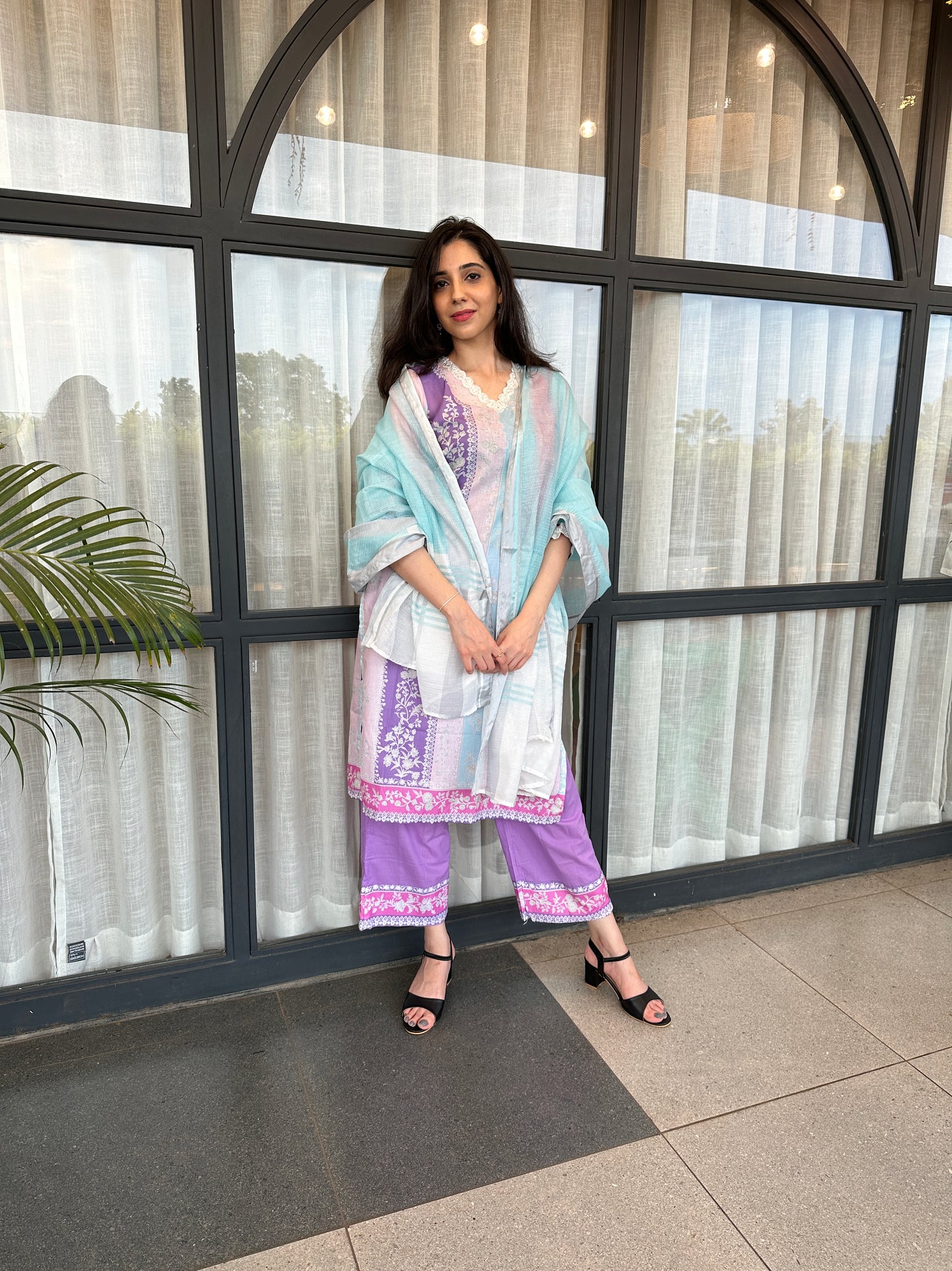 Pink Multicolor Cotton Printed Straight-Cut Suit