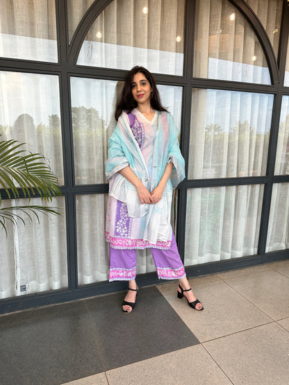 Pink Multicolor Cotton Printed Straight-Cut Suit