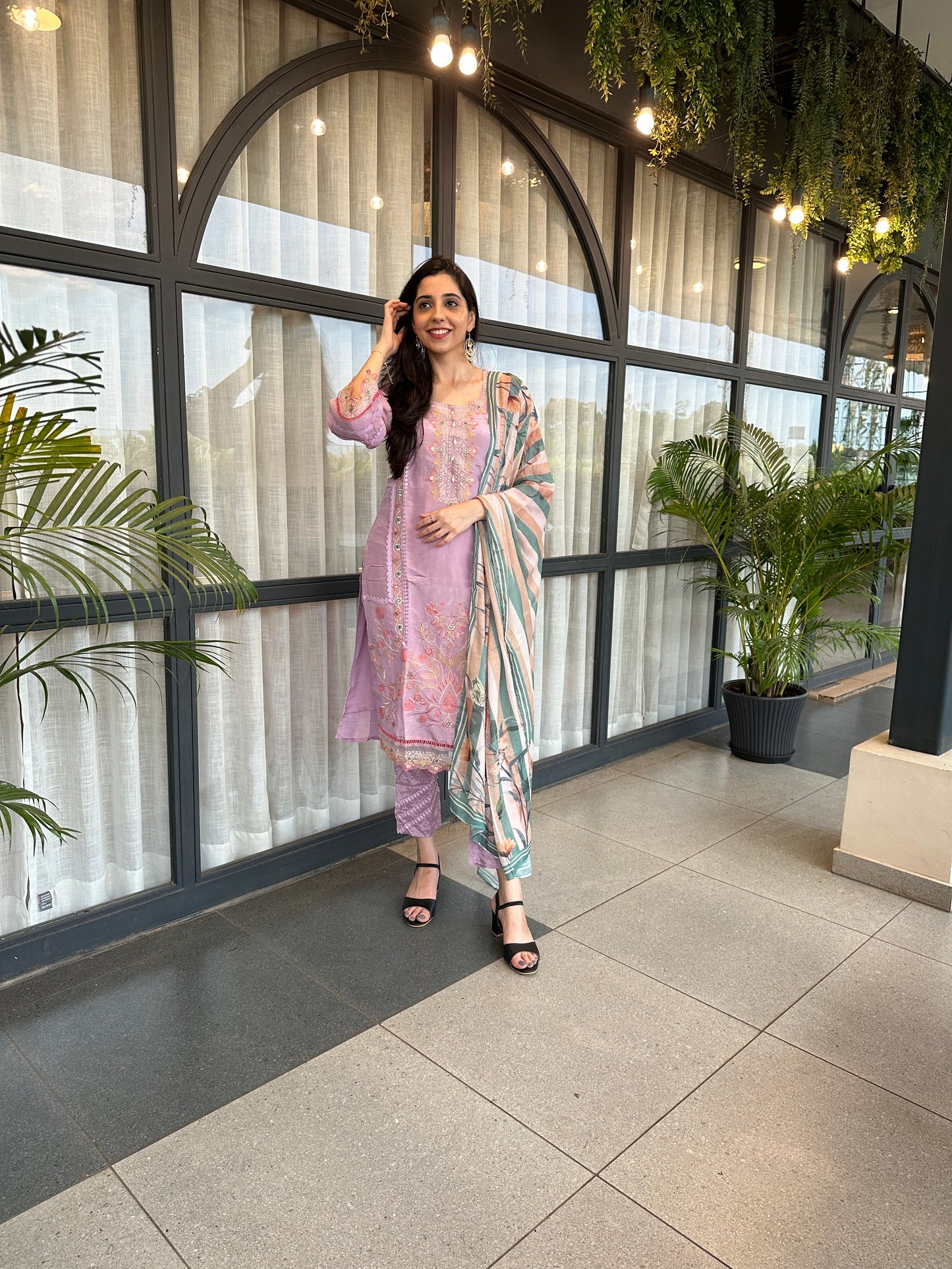 Lavender Shimmer Embroidered Straight Suit