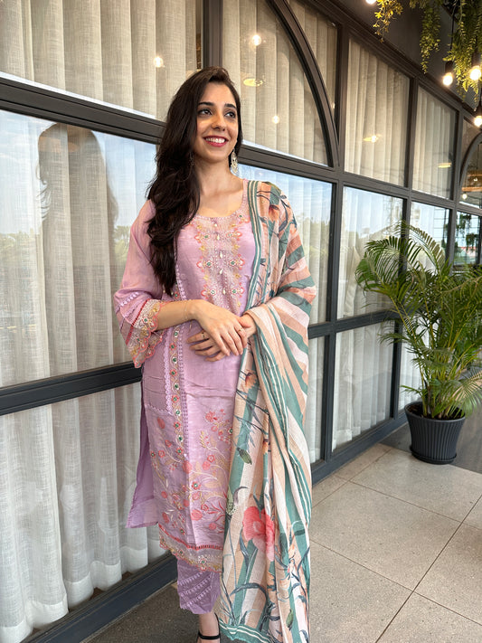 Lavender Shimmer Embroidered Straight Suit