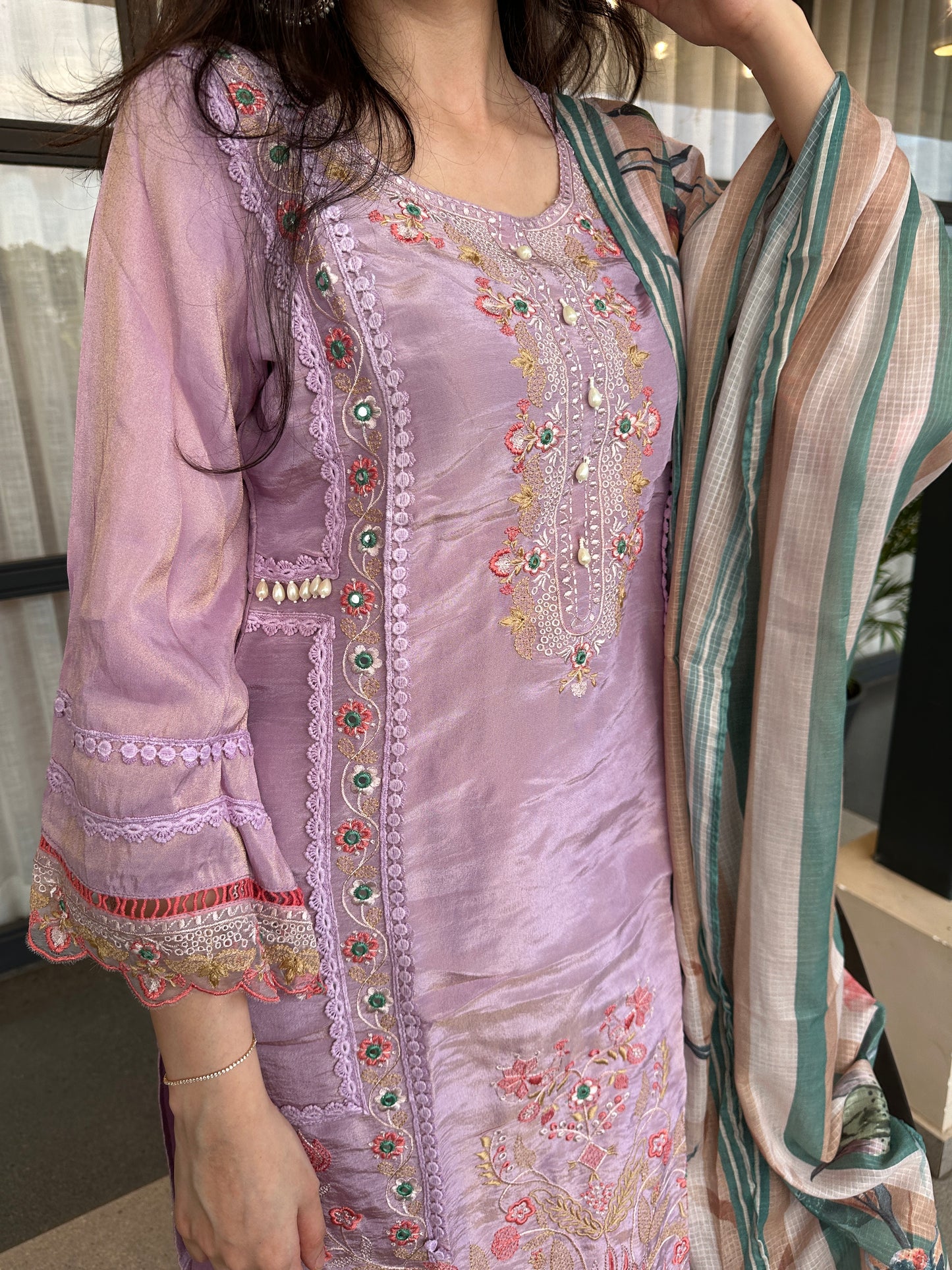 Lavender Shimmer Embroidered Straight Suit