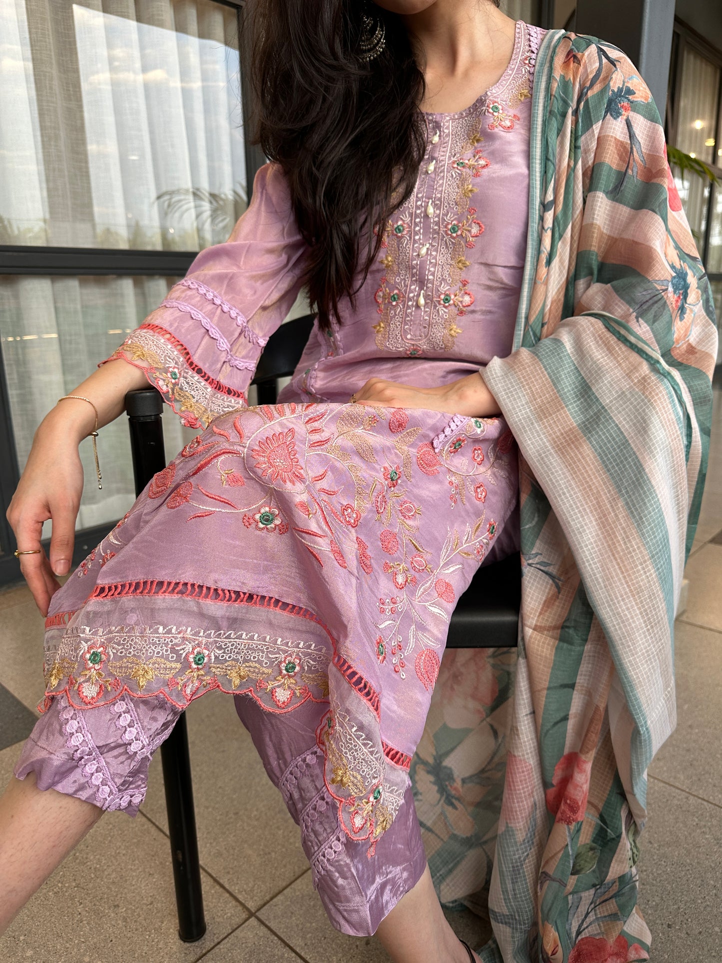 Lavender Shimmer Embroidered Straight Suit