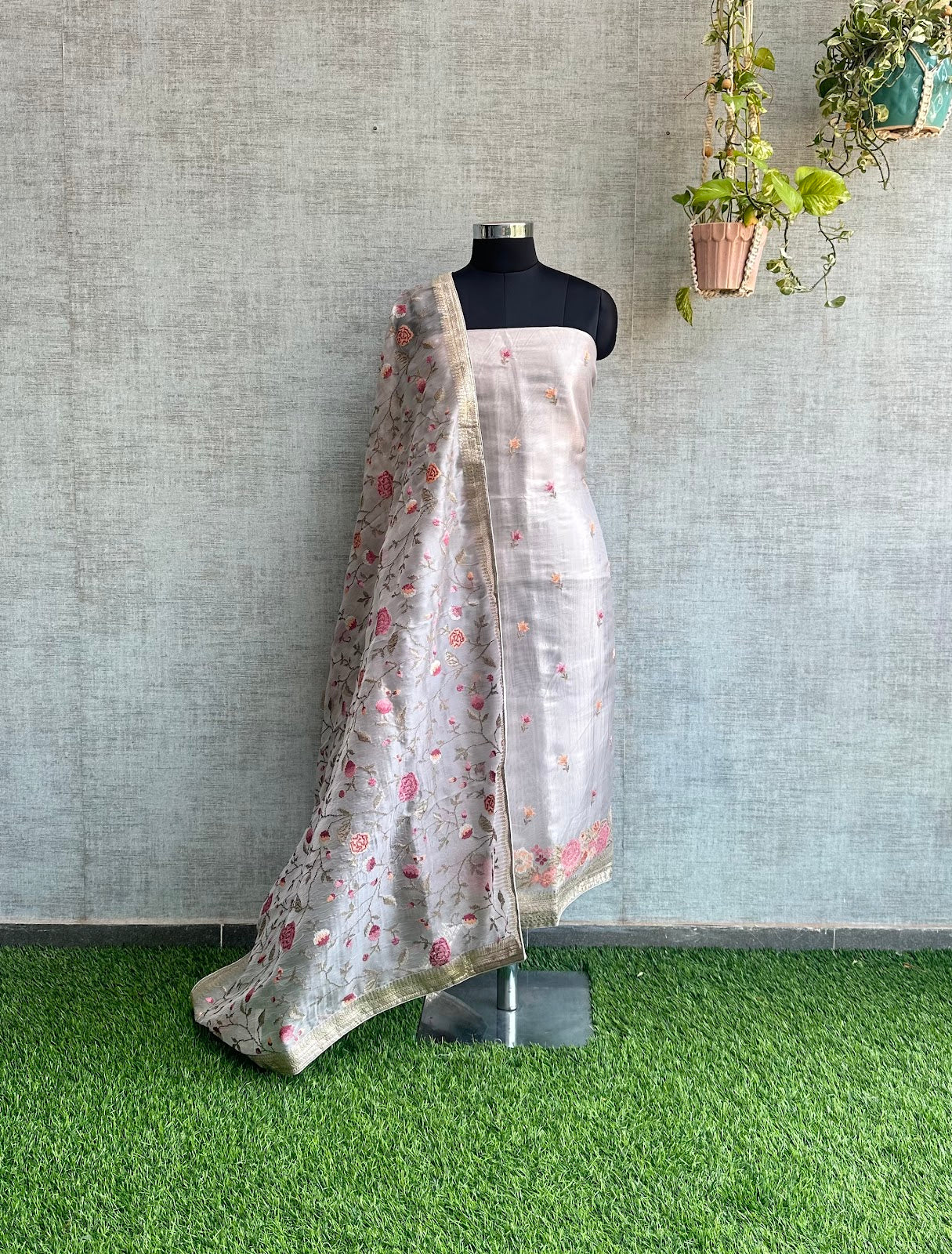 Gray Tissue Silk with Cross-Stitch Embroidery