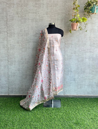 Gray Tissue Silk with Cross-Stitch Embroidery