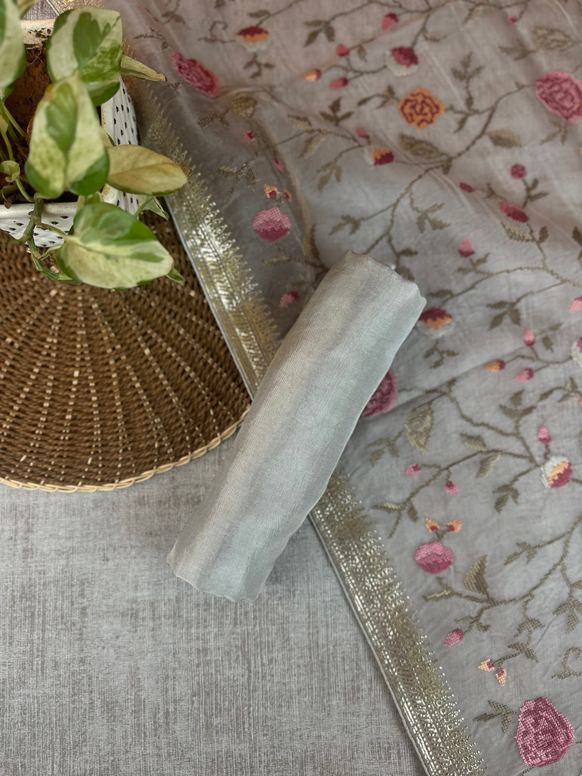 Gray Tissue Silk with Cross-Stitch Embroidery