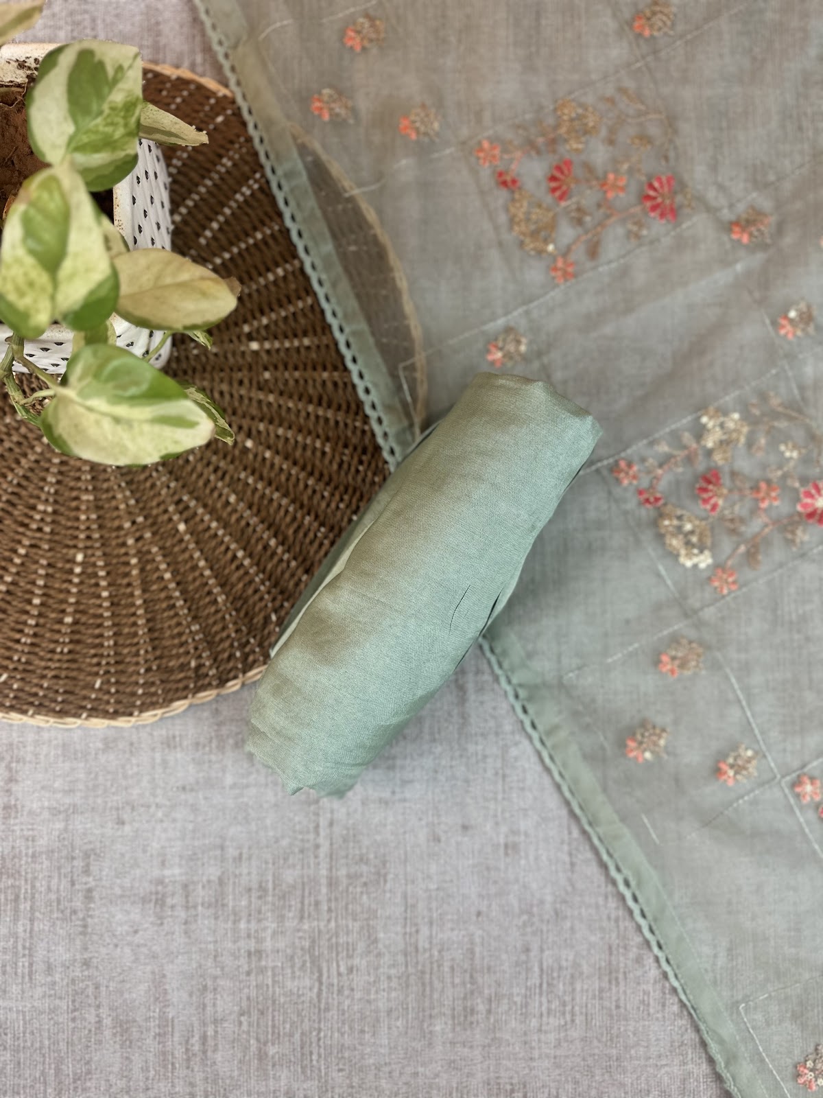 Light Mint Green Russian Silk with Mirror Work