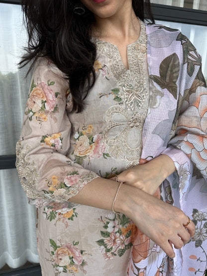 Beige Cotton Cutwork Straight Cut Suit