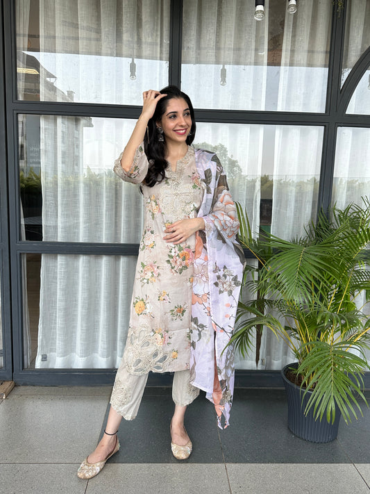 Beige Cotton Cutwork Straight Cut Suit