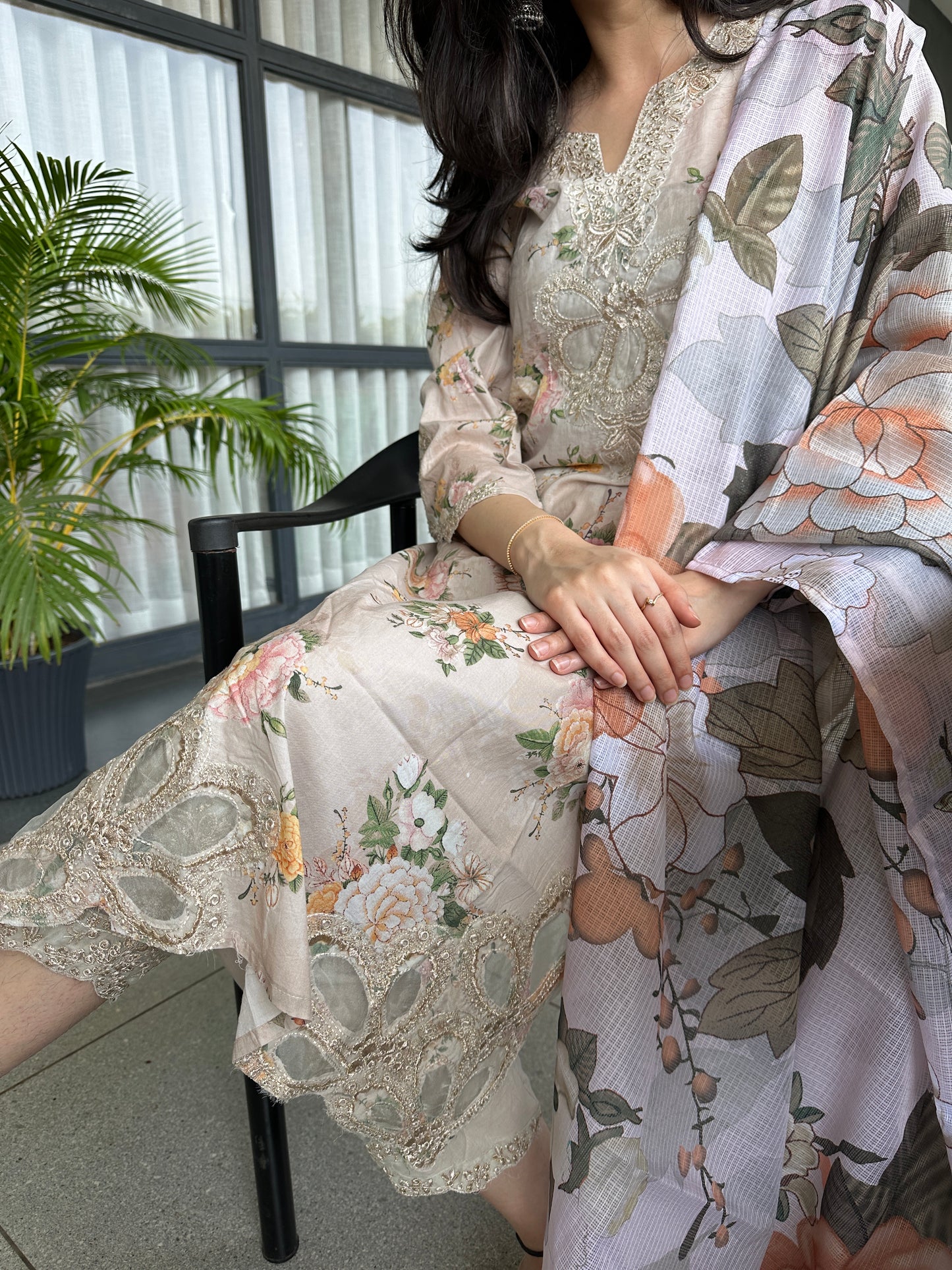 Beige Cotton Cutwork Straight Cut Suit