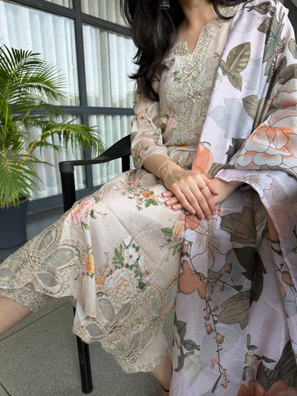 Beige Cotton Cutwork Straight Cut Suit