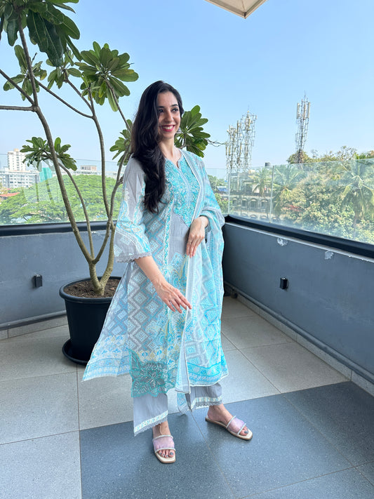 Blue Printed Cutwork Pakistani Lawn Suit