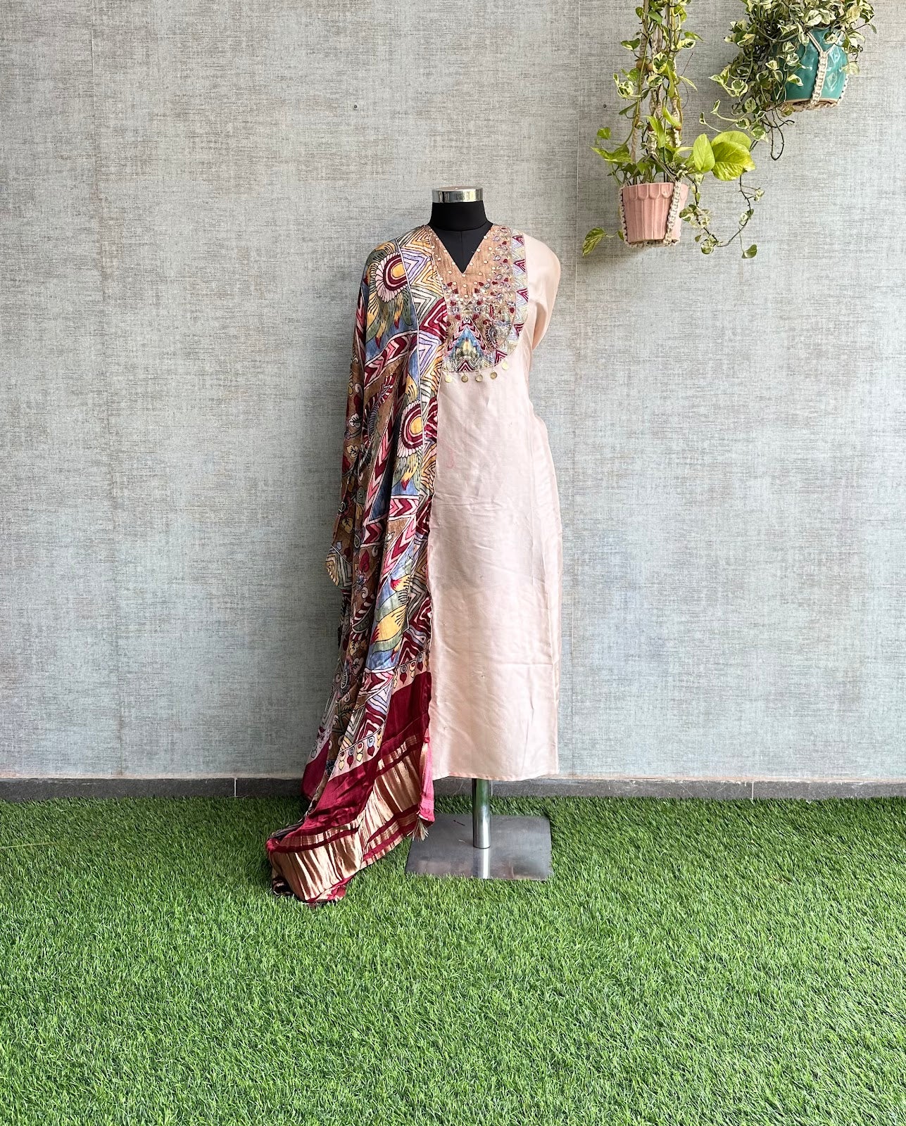 Beige Cotton Silk with Kalamkari Print