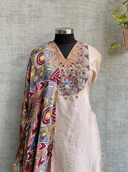 Beige Cotton Silk with Kalamkari Print