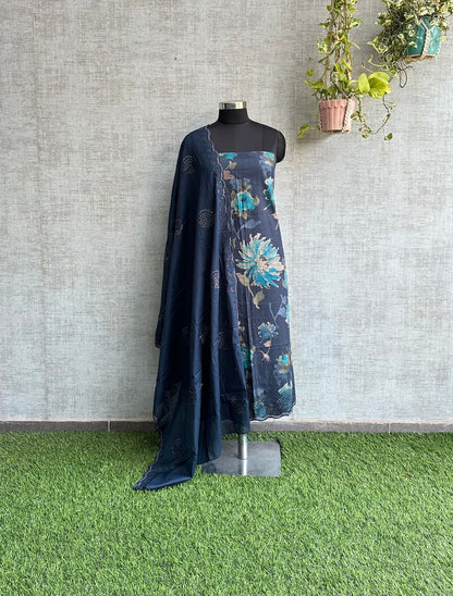 Midnight Blue Cotton with Digital Print and Embroidered Pant