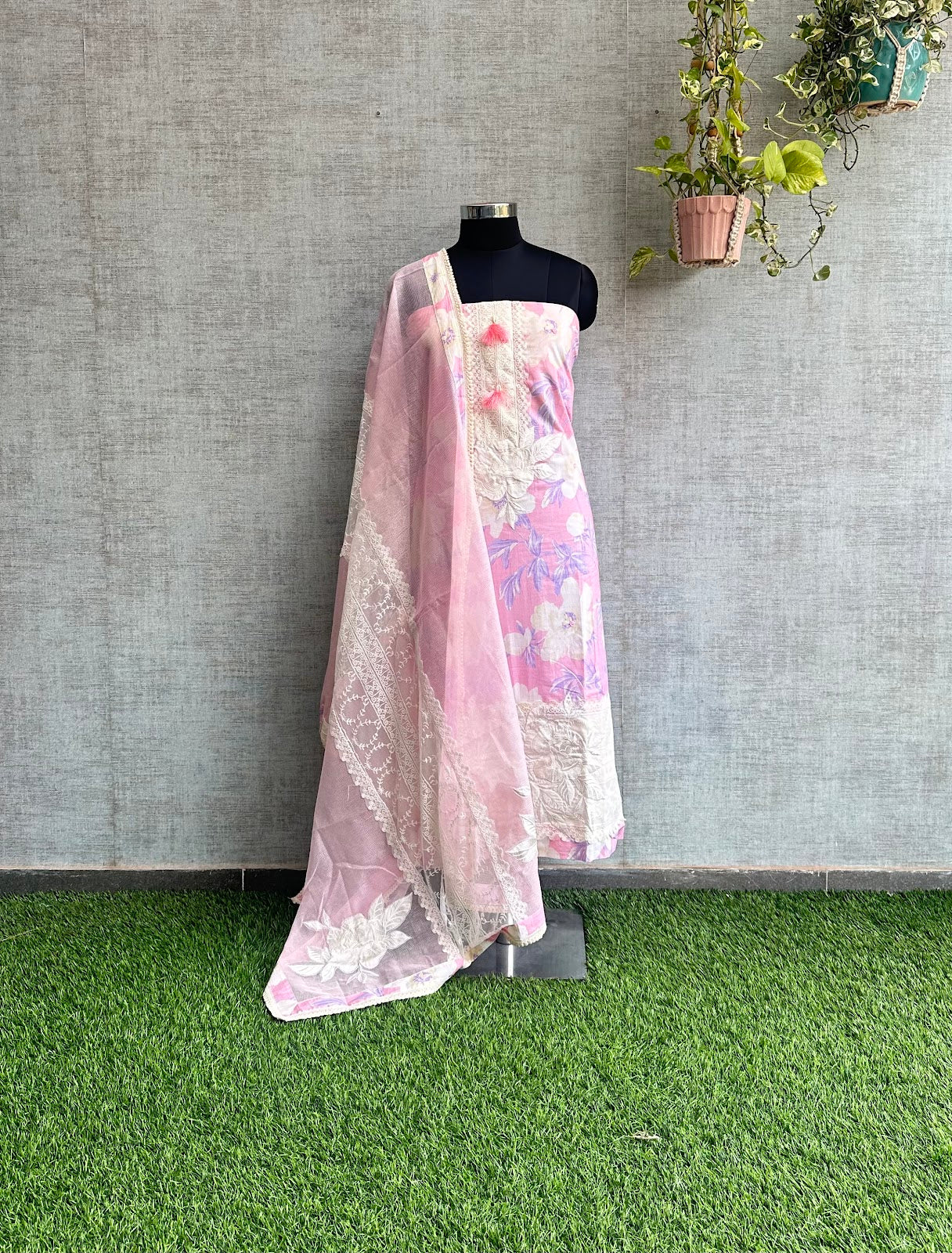 Candy Pink Cotton with Floral Print and Lacework