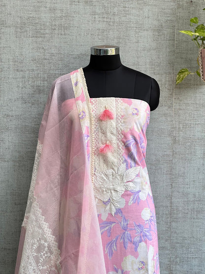 Candy Pink Cotton with Floral Print and Lacework