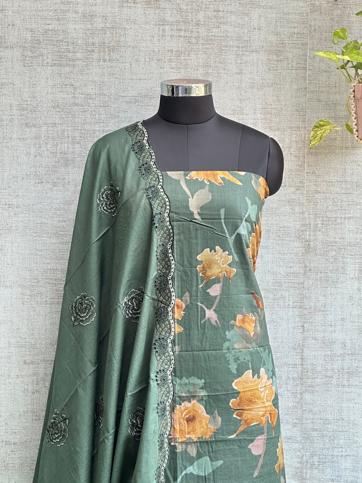 Opal Green Cotton with Embroidered Bottom and Floral Digital Print