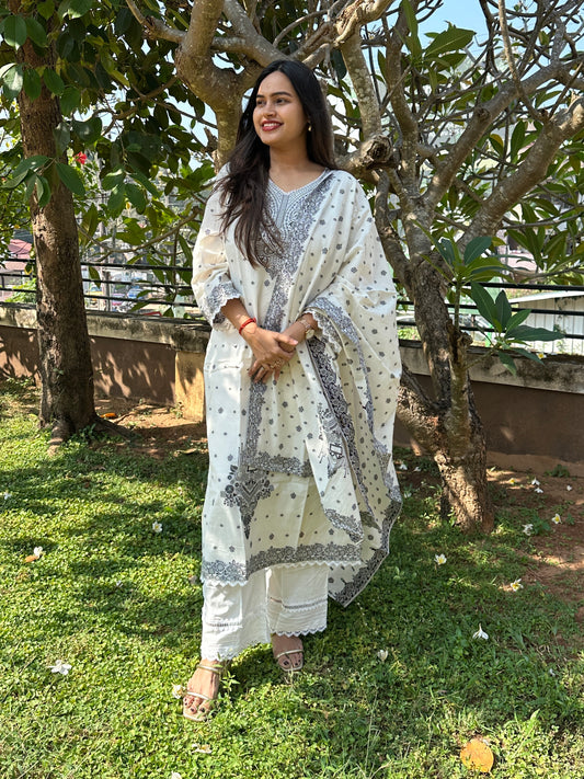 White Straight-Cut Cotton Embroidered Suit