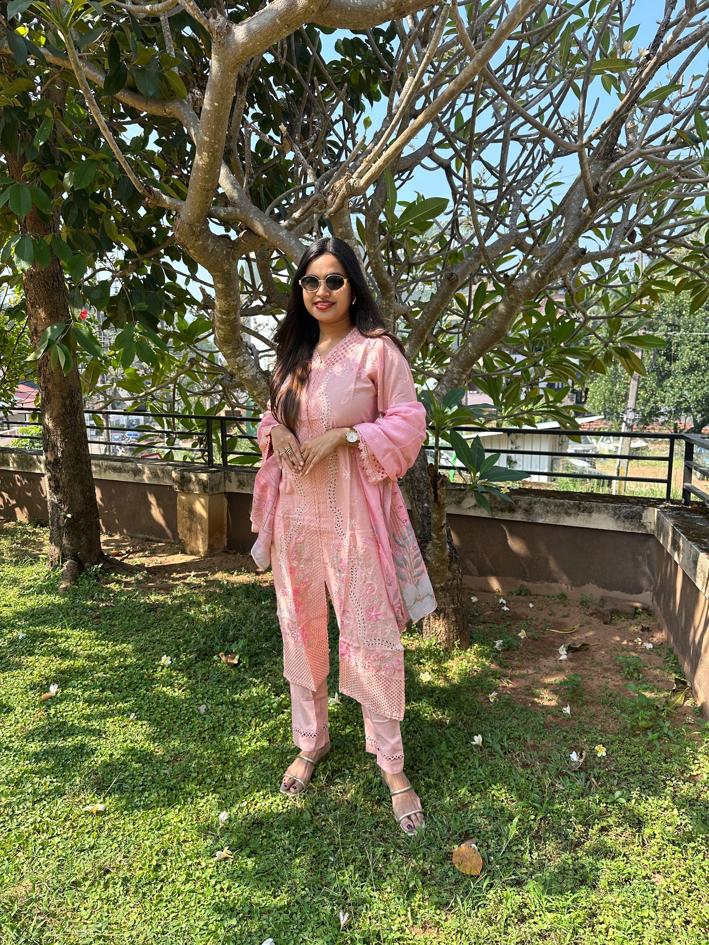 Peach Multicolor Cotton Straight-Cut Printed Suit